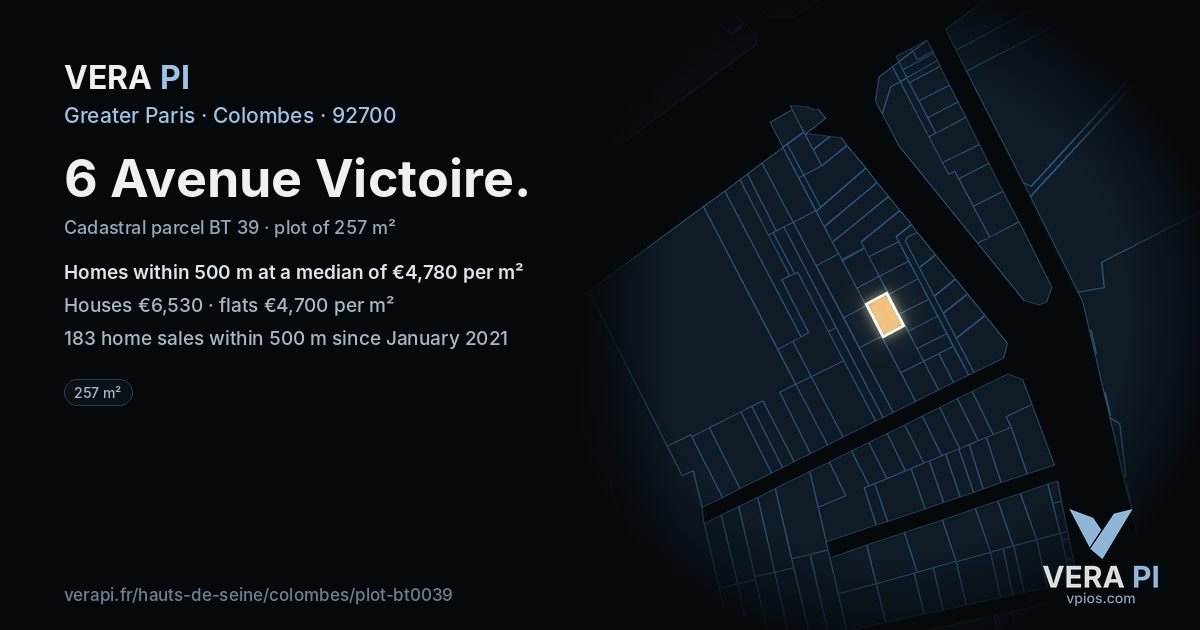 6 Avenue Victoire, Colombes at night – the plot lit, the parcels around coloured by the prices near them