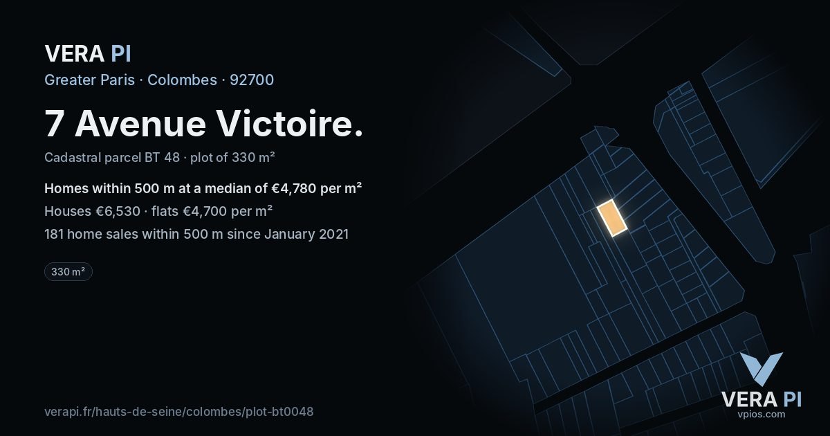 7 Avenue Victoire, Colombes at night – the plot lit, the parcels around coloured by the prices near them