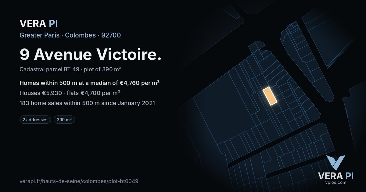 9 Avenue Victoire, Colombes at night – the plot lit, the parcels around coloured by the prices near them
