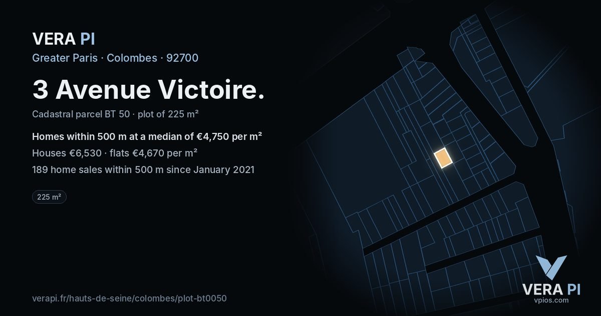 3 Avenue Victoire, Colombes at night – the plot lit, the parcels around coloured by the prices near them