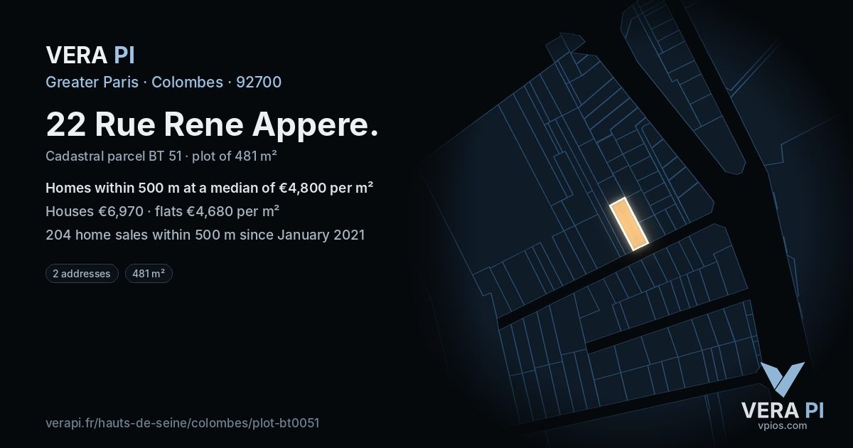 22 Rue Rene Appere, Colombes at night – the plot lit, the parcels around coloured by the prices near them