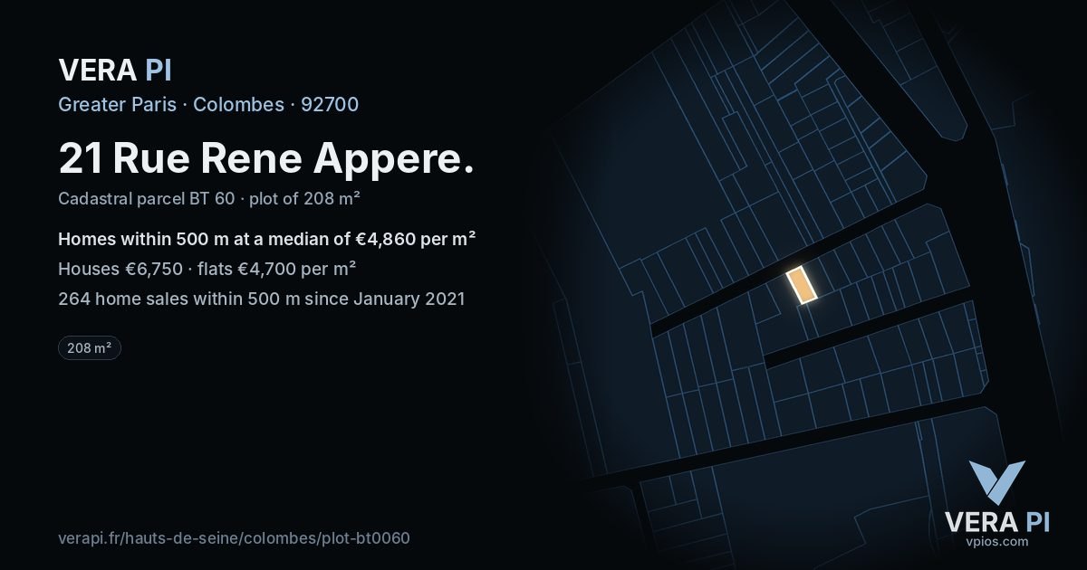 21 Rue Rene Appere, Colombes at night – the plot lit, the parcels around coloured by the prices near them