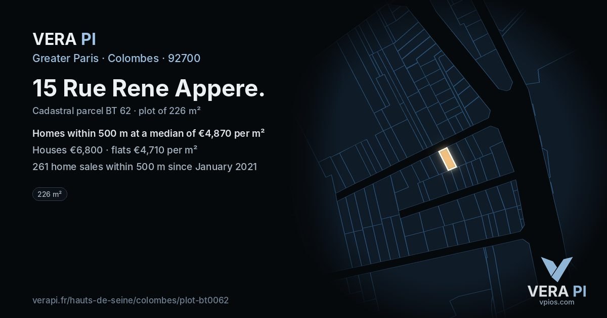 15 Rue Rene Appere, Colombes at night – the plot lit, the parcels around coloured by the prices near them