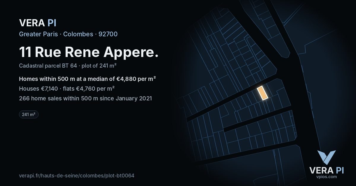11 Rue Rene Appere, Colombes at night – the plot lit, the parcels around coloured by the prices near them