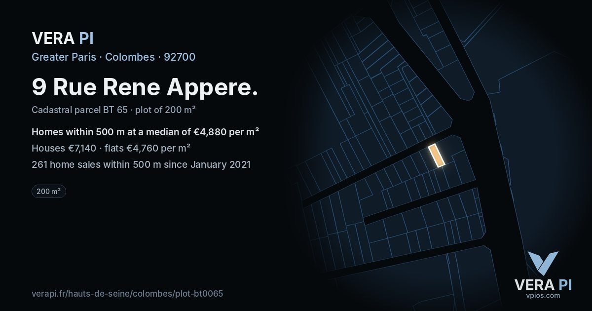9 Rue Rene Appere, Colombes at night – the plot lit, the parcels around coloured by the prices near them