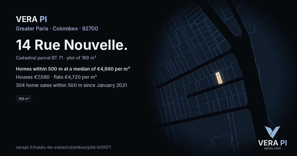14 Rue Nouvelle, Colombes at night – the plot lit, the parcels around coloured by the prices near them
