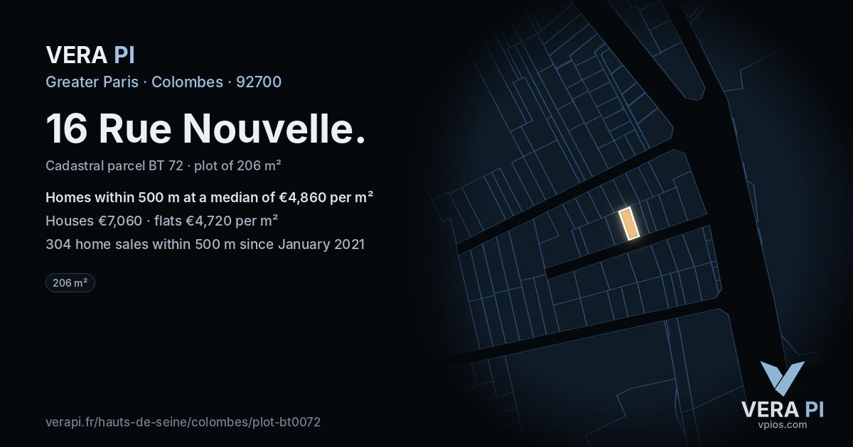 16 Rue Nouvelle, Colombes at night – the plot lit, the parcels around coloured by the prices near them