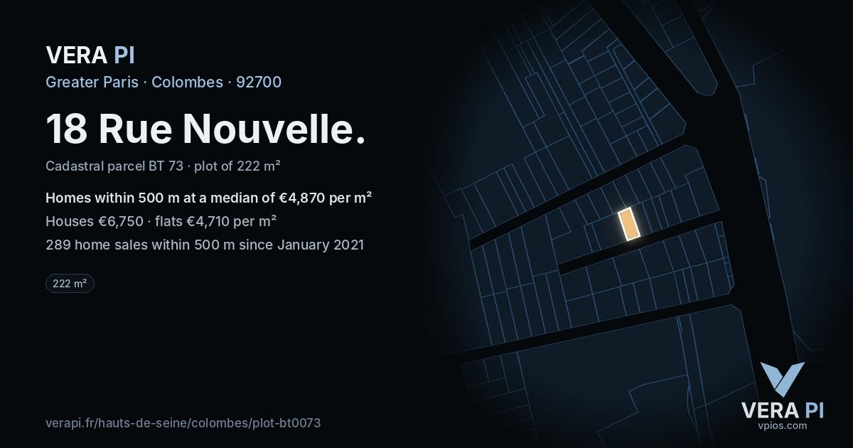 18 Rue Nouvelle, Colombes at night – the plot lit, the parcels around coloured by the prices near them