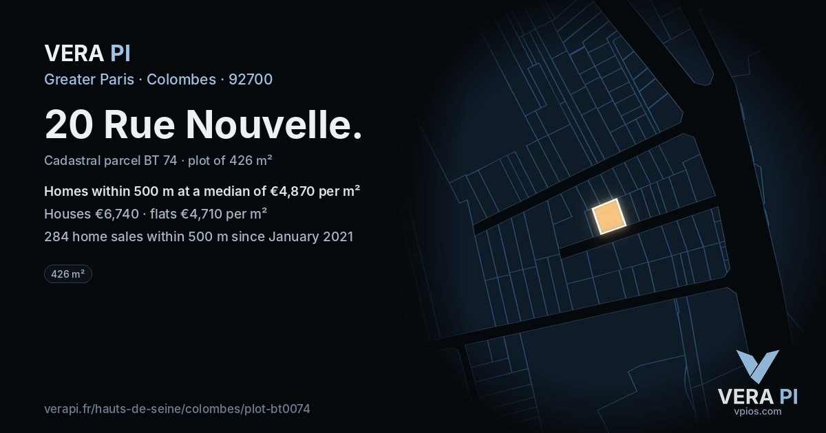 20 Rue Nouvelle, Colombes at night – the plot lit, the parcels around coloured by the prices near them