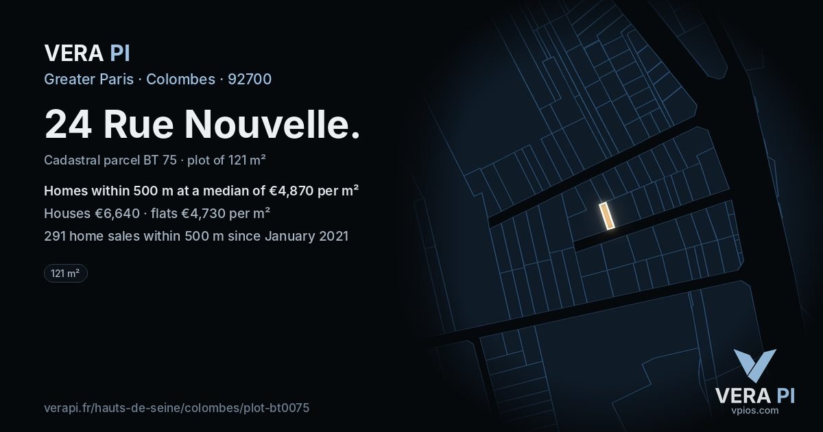 24 Rue Nouvelle, Colombes at night – the plot lit, the parcels around coloured by the prices near them