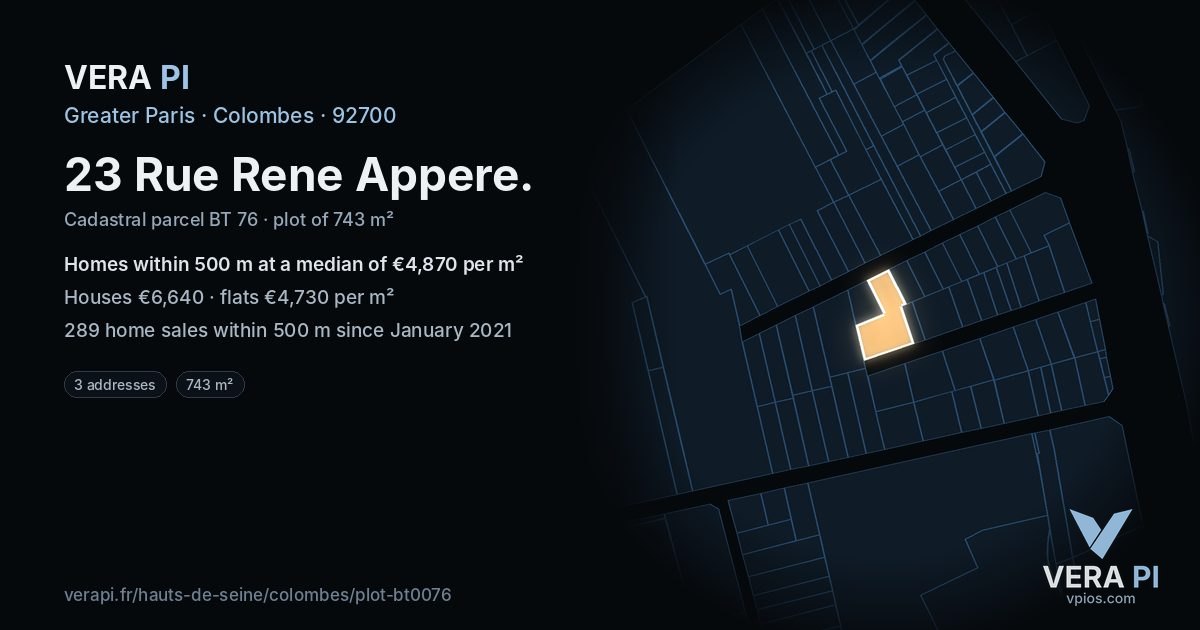 23 Rue Rene Appere, Colombes at night – the plot lit, the parcels around coloured by the prices near them