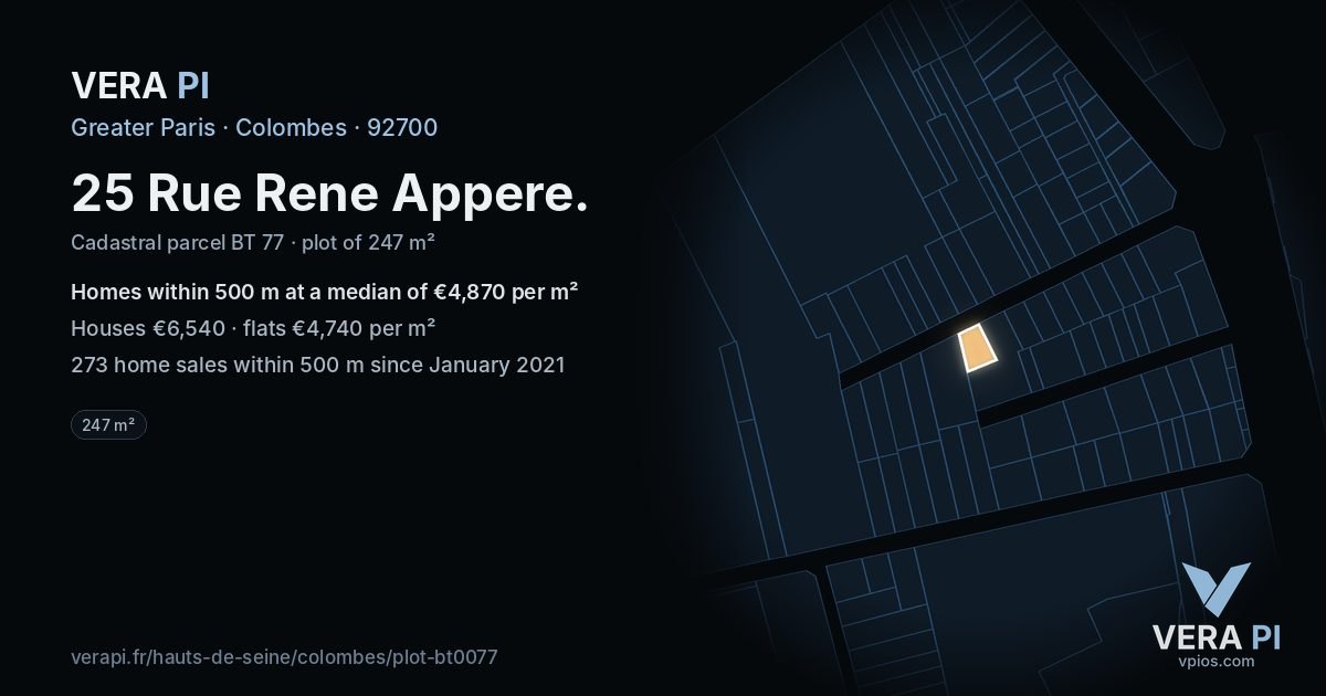 25 Rue Rene Appere, Colombes at night – the plot lit, the parcels around coloured by the prices near them