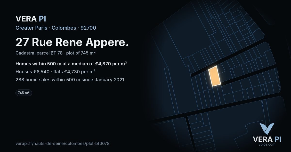 27 Rue Rene Appere, Colombes at night – the plot lit, the parcels around coloured by the prices near them