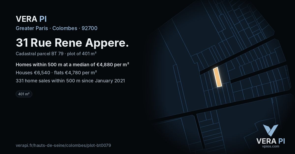 31 Rue Rene Appere, Colombes at night – the plot lit, the parcels around coloured by the prices near them