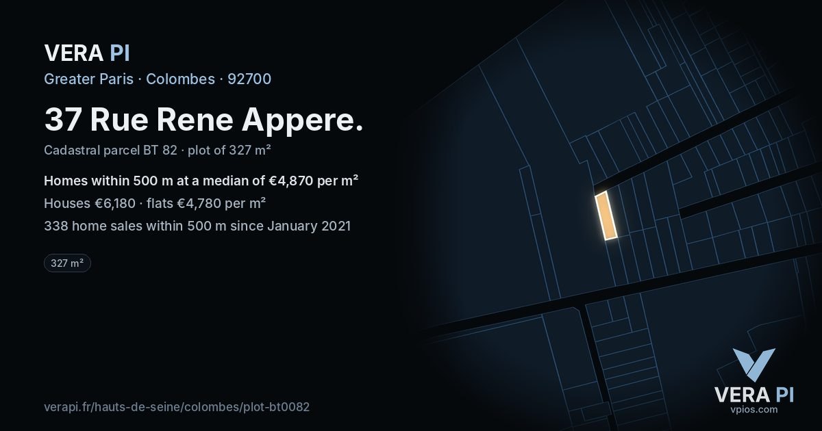 37 Rue Rene Appere, Colombes at night – the plot lit, the parcels around coloured by the prices near them