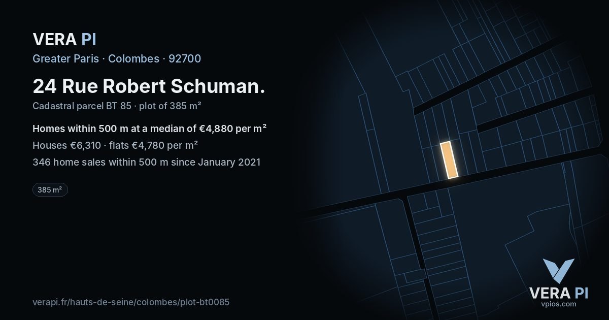 24 Rue Robert Schuman, Colombes at night – the plot lit, the parcels around coloured by the prices near them