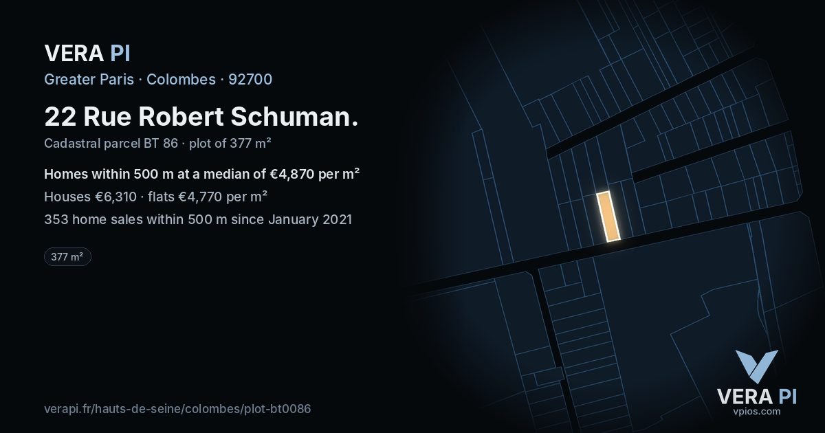 22 Rue Robert Schuman, Colombes at night – the plot lit, the parcels around coloured by the prices near them