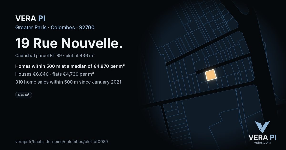 19 Rue Nouvelle, Colombes at night – the plot lit, the parcels around coloured by the prices near them