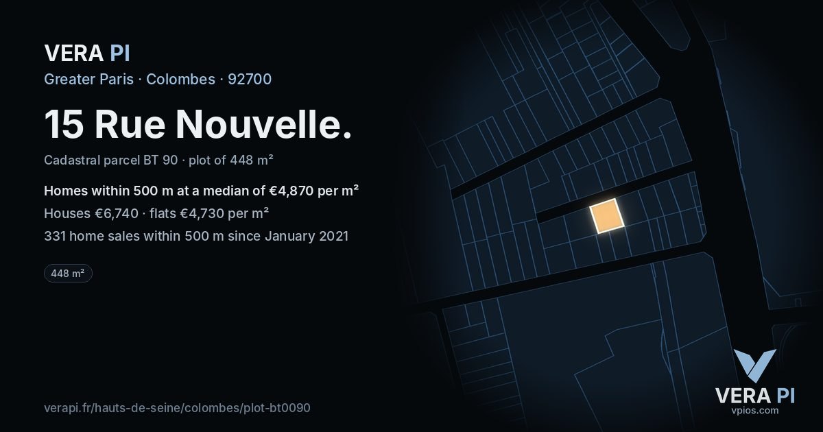 15 Rue Nouvelle, Colombes at night – the plot lit, the parcels around coloured by the prices near them