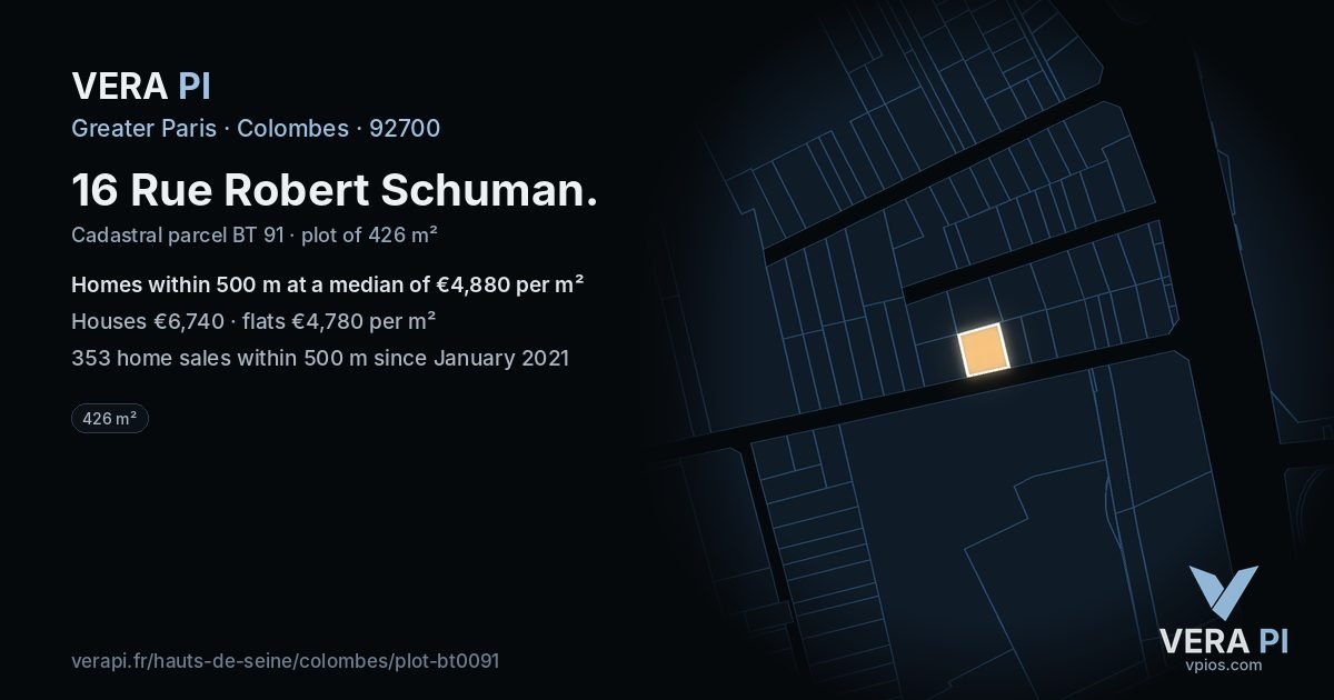 16 Rue Robert Schuman, Colombes at night – the plot lit, the parcels around coloured by the prices near them
