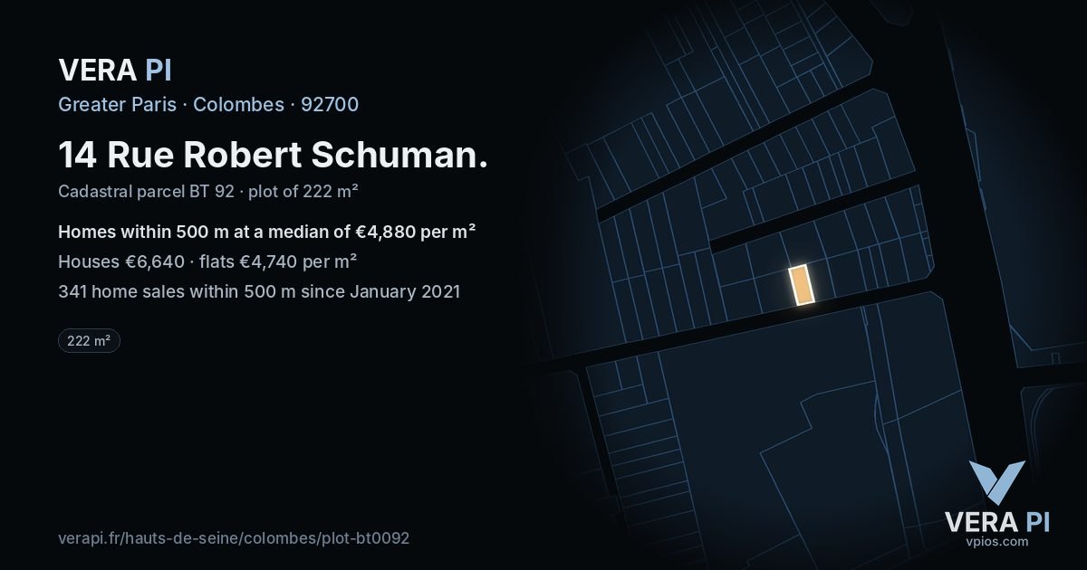 14 Rue Robert Schuman, Colombes at night – the plot lit, the parcels around coloured by the prices near them
