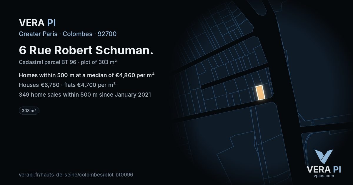 6 Rue Robert Schuman, Colombes at night – the plot lit, the parcels around coloured by the prices near them