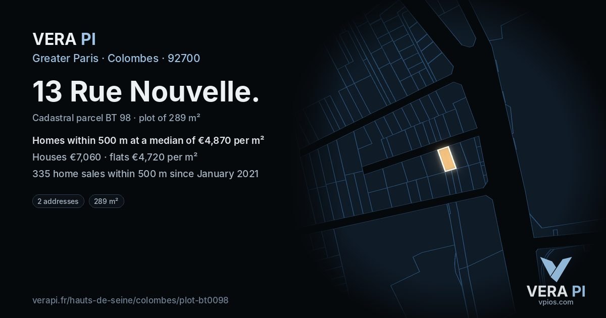 13 Rue Nouvelle, Colombes at night – the plot lit, the parcels around coloured by the prices near them