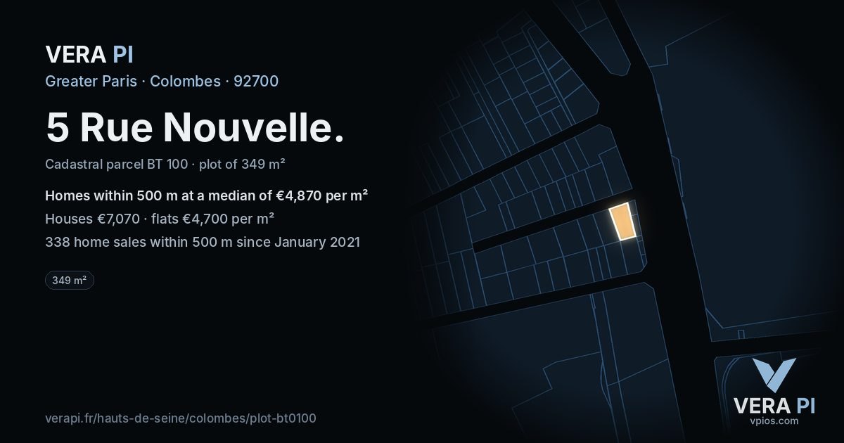 5 Rue Nouvelle, Colombes at night – the plot lit, the parcels around coloured by the prices near them