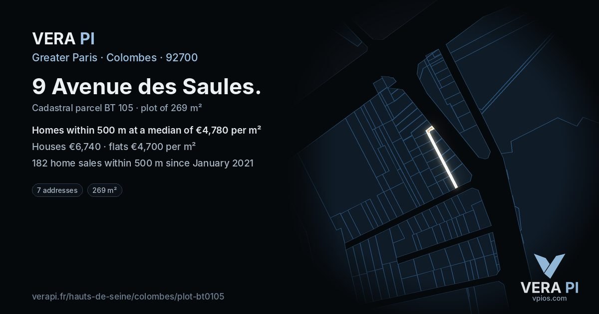 9 Avenue des Saules, Colombes at night – the plot lit, the parcels around coloured by the prices near them