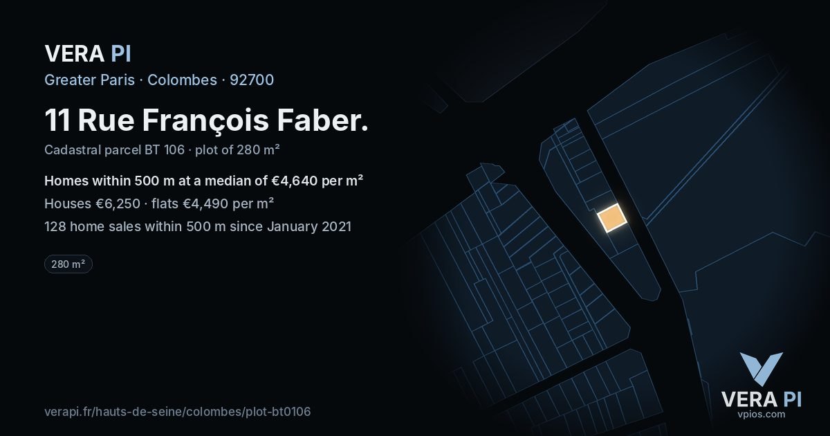 11 Rue François Faber, Colombes at night – the plot lit, the parcels around coloured by the prices near them