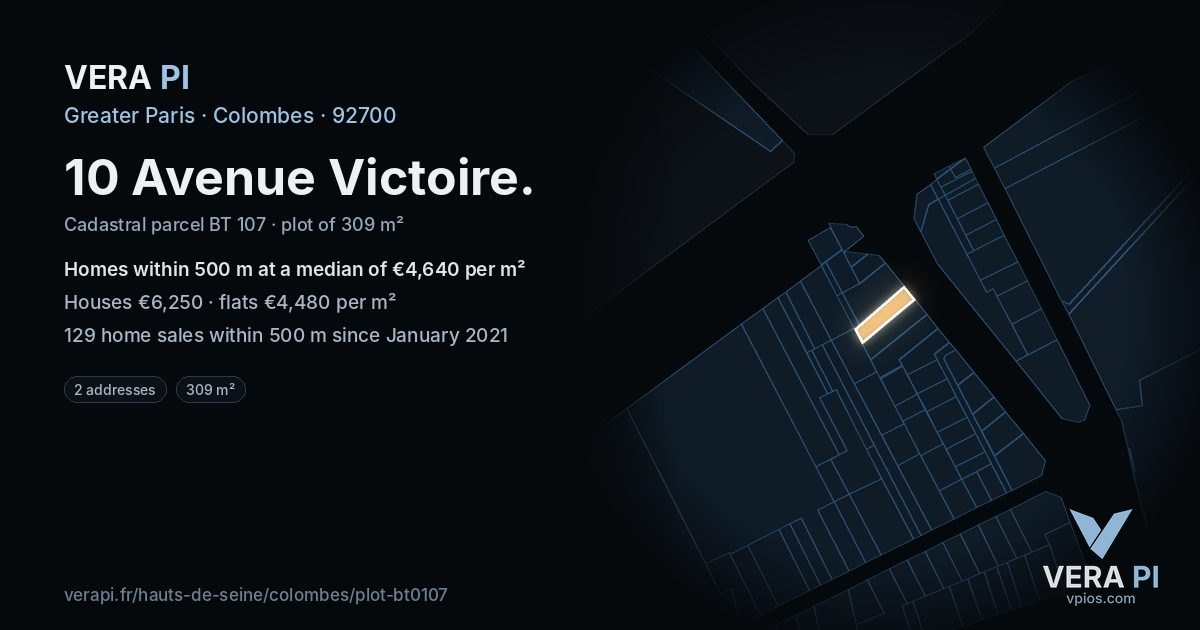 10 Avenue Victoire, Colombes at night – the plot lit, the parcels around coloured by the prices near them
