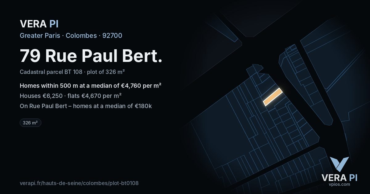 79 Rue Paul Bert, Colombes at night – the plot lit, the parcels around coloured by the prices near them