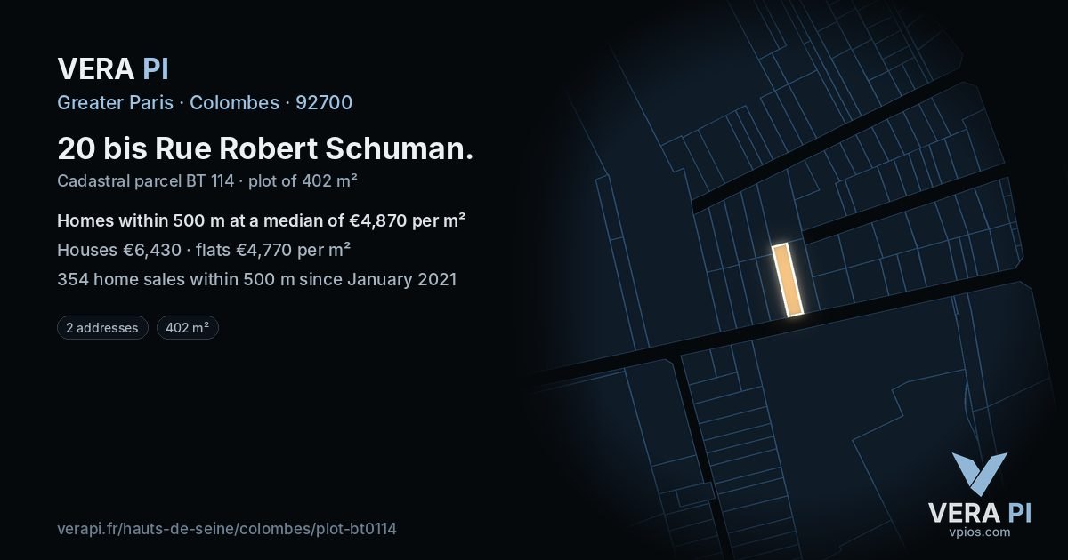 20 bis Rue Robert Schuman, Colombes at night – the plot lit, the parcels around coloured by the prices near them