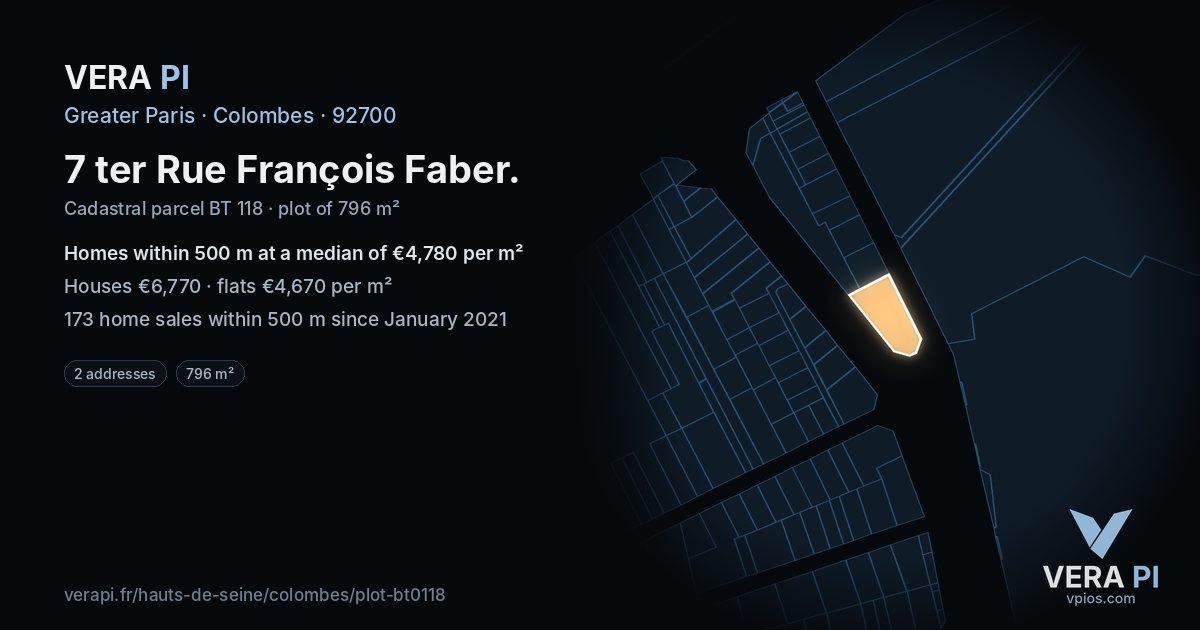 7 ter Rue François Faber, Colombes at night – the plot lit, the parcels around coloured by the prices near them