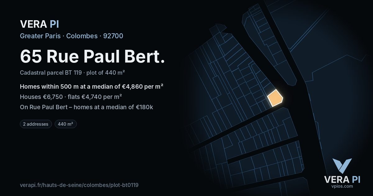 65 Rue Paul Bert, Colombes at night – the plot lit, the parcels around coloured by the prices near them