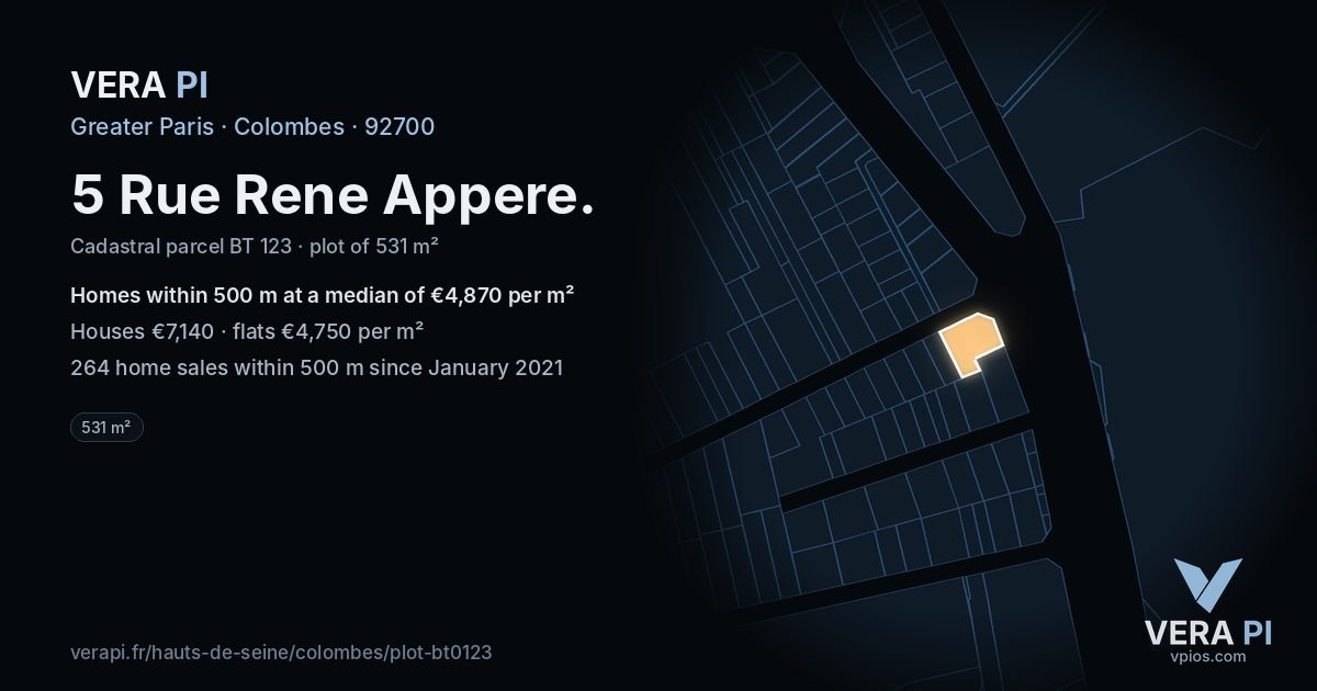 5 Rue Rene Appere, Colombes at night – the plot lit, the parcels around coloured by the prices near them