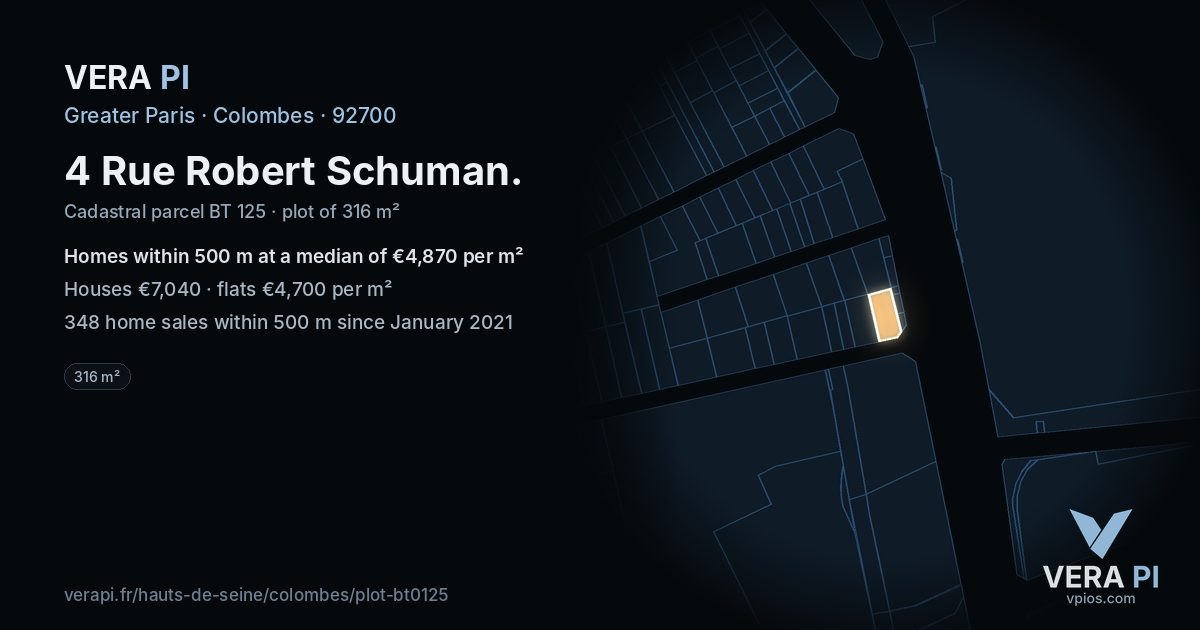 4 Rue Robert Schuman, Colombes at night – the plot lit, the parcels around coloured by the prices near them