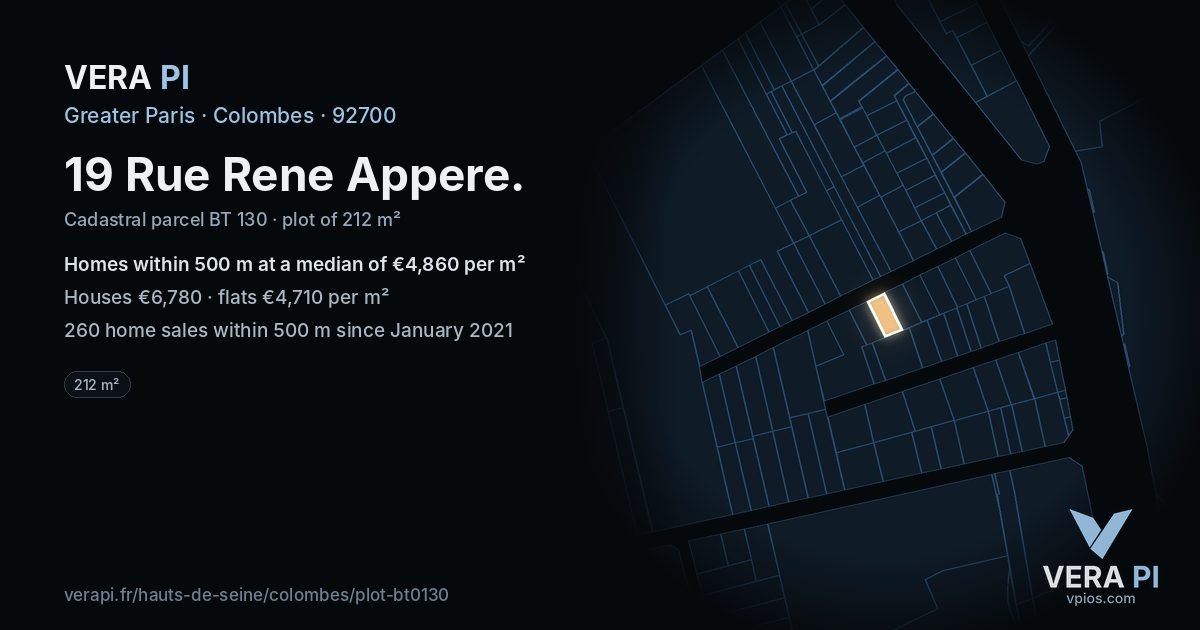 19 Rue Rene Appere, Colombes at night – the plot lit, the parcels around coloured by the prices near them