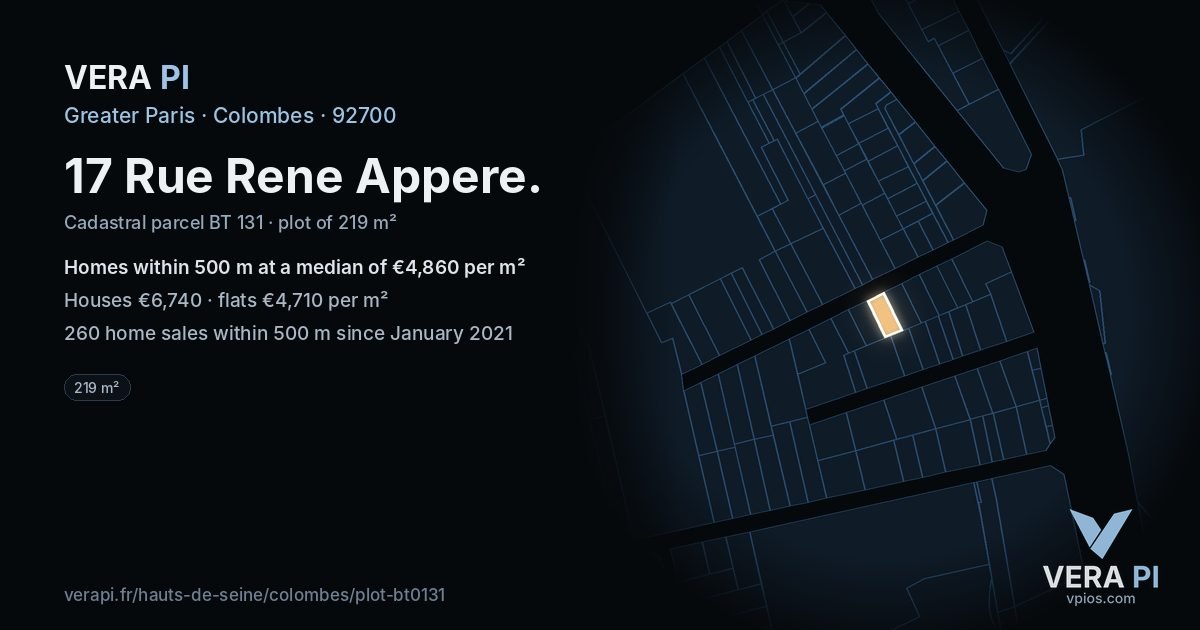 17 Rue Rene Appere, Colombes at night – the plot lit, the parcels around coloured by the prices near them