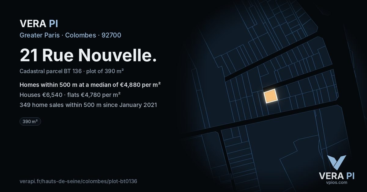 21 Rue Nouvelle, Colombes at night – the plot lit, the parcels around coloured by the prices near them