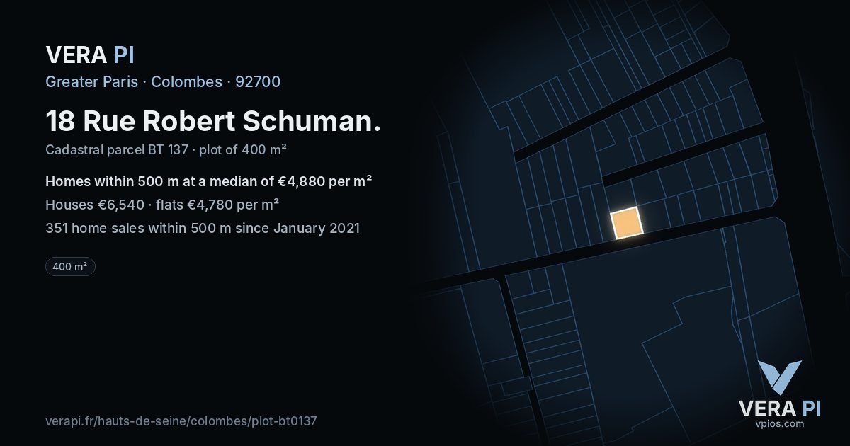 18 Rue Robert Schuman, Colombes at night – the plot lit, the parcels around coloured by the prices near them