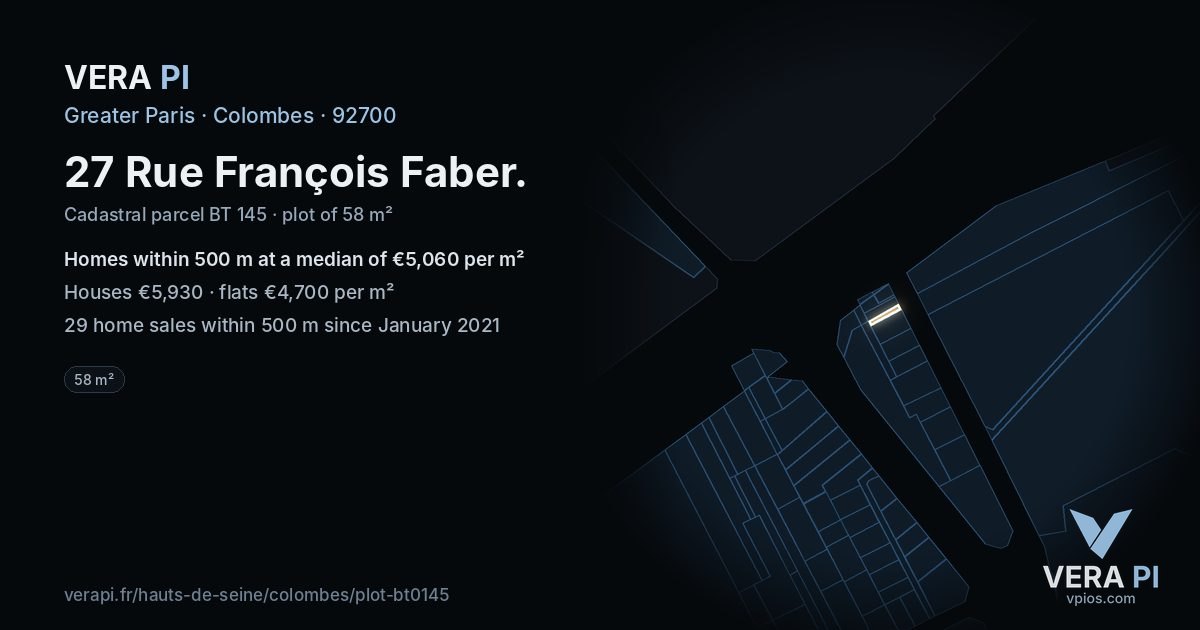 27 Rue François Faber, Colombes at night – the plot lit, the parcels around coloured by the prices near them