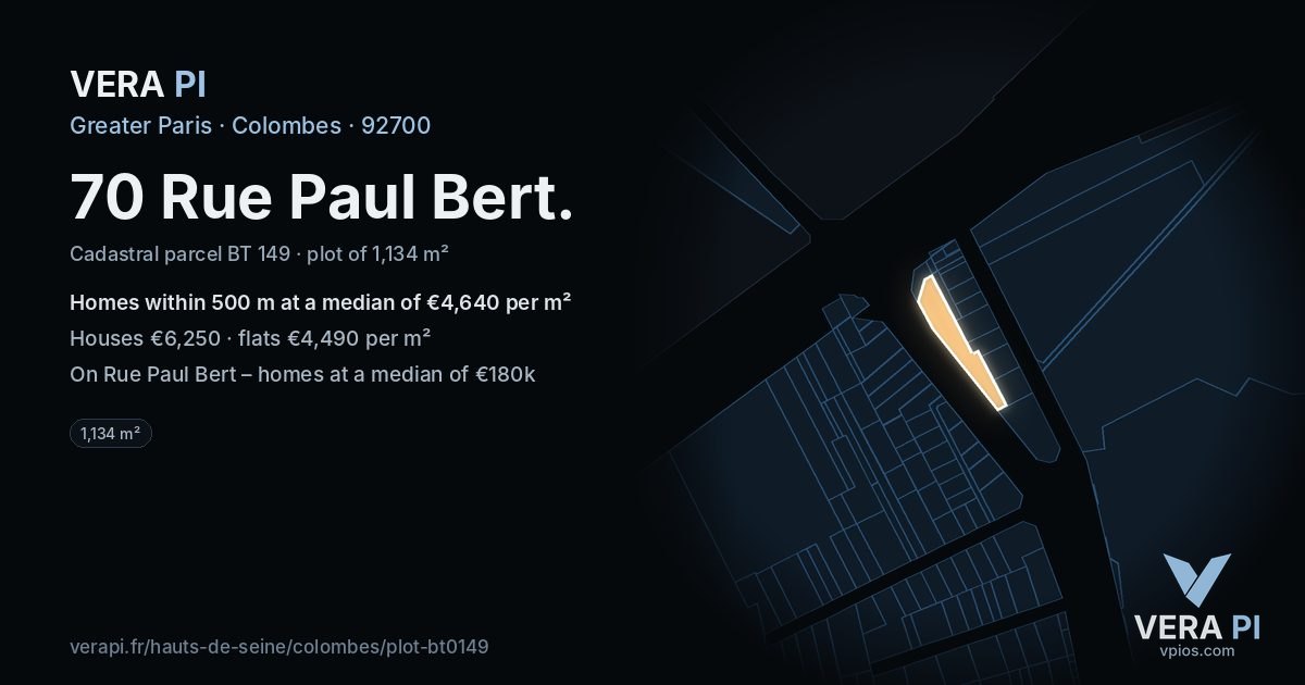 70 Rue Paul Bert, Colombes at night – the plot lit, the parcels around coloured by the prices near them