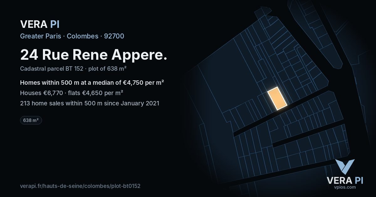 24 Rue Rene Appere, Colombes at night – the plot lit, the parcels around coloured by the prices near them