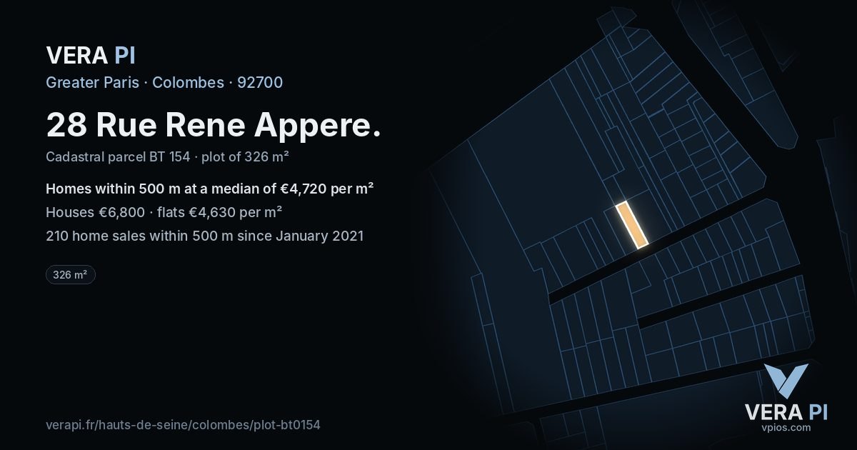 28 Rue Rene Appere, Colombes at night – the plot lit, the parcels around coloured by the prices near them