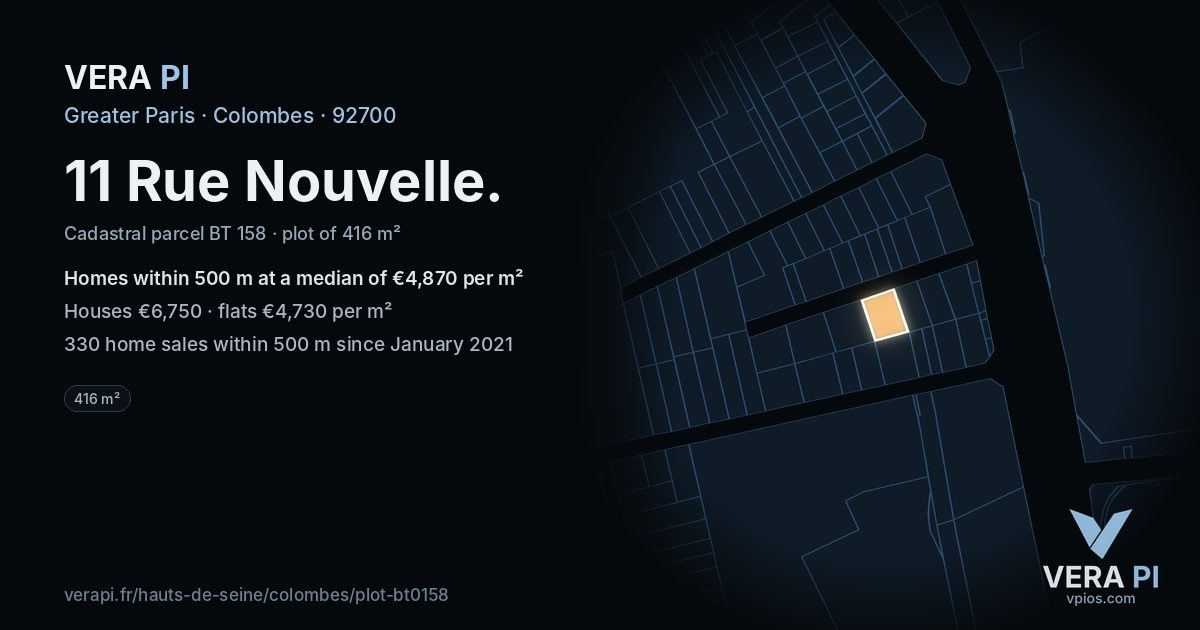 11 Rue Nouvelle, Colombes at night – the plot lit, the parcels around coloured by the prices near them