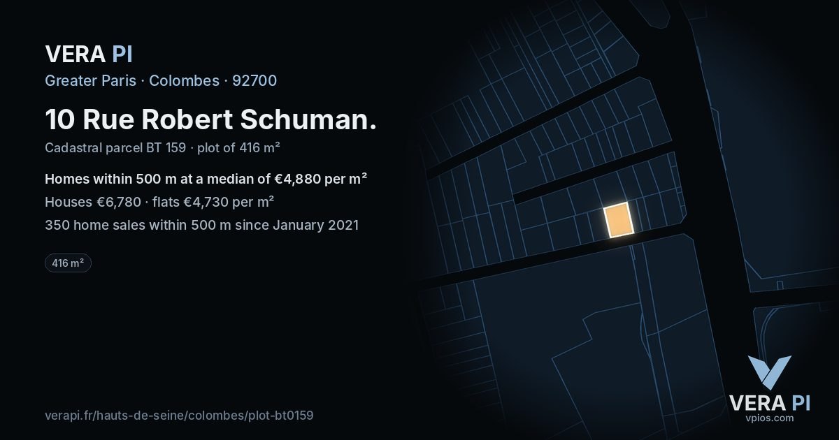 10 Rue Robert Schuman, Colombes at night – the plot lit, the parcels around coloured by the prices near them