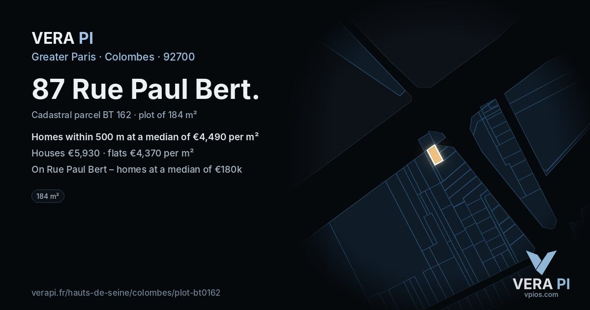 87 Rue Paul Bert, Colombes at night – the plot lit, the parcels around coloured by the prices near them