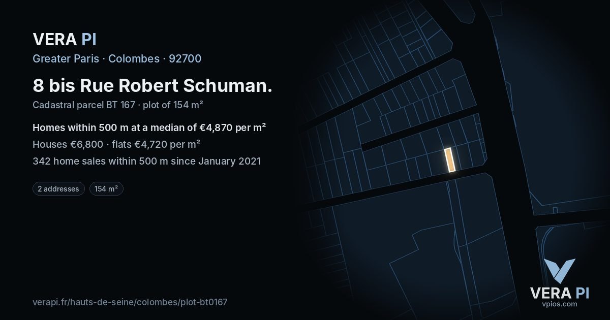 8 bis Rue Robert Schuman, Colombes at night – the plot lit, the parcels around coloured by the prices near them