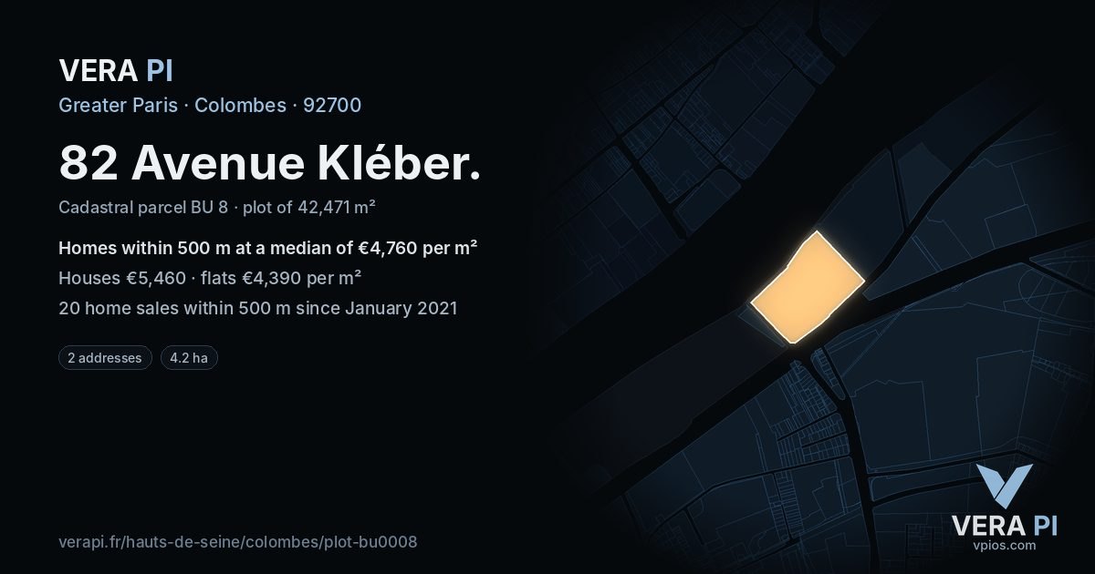 82 Avenue Kléber, Colombes at night – the plot lit, the parcels around coloured by the prices near them